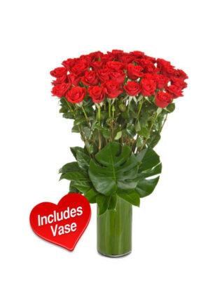 50 Long-Stem Red Roses Grand Luxury Vase