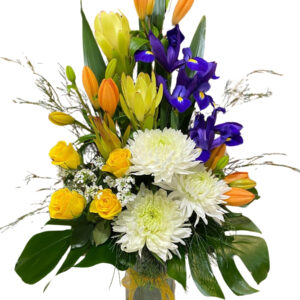 Tall Yellow, Iris & White Chrysanthemum Display