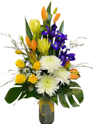 Tall Yellow, Iris & White Chrysanthemum Display
