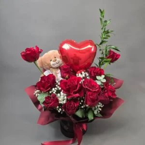 Red Roses with Teddy & Heart Balloon