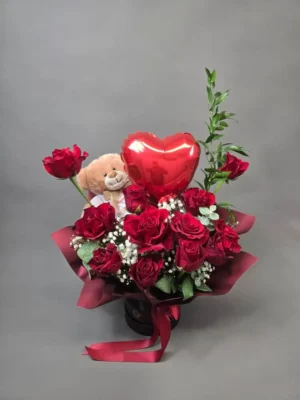 Red Roses with Teddy & Heart Balloon